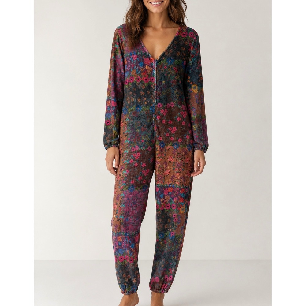 Natural Life Pajamas Fleece Jumpsuit Loungewear Multicolor Floral Small